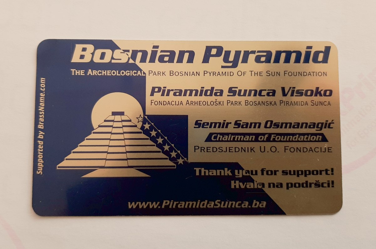 Metal business card printed Bosnia pyramid brassname